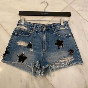 Zara trf distressed denim shorts with black star patches